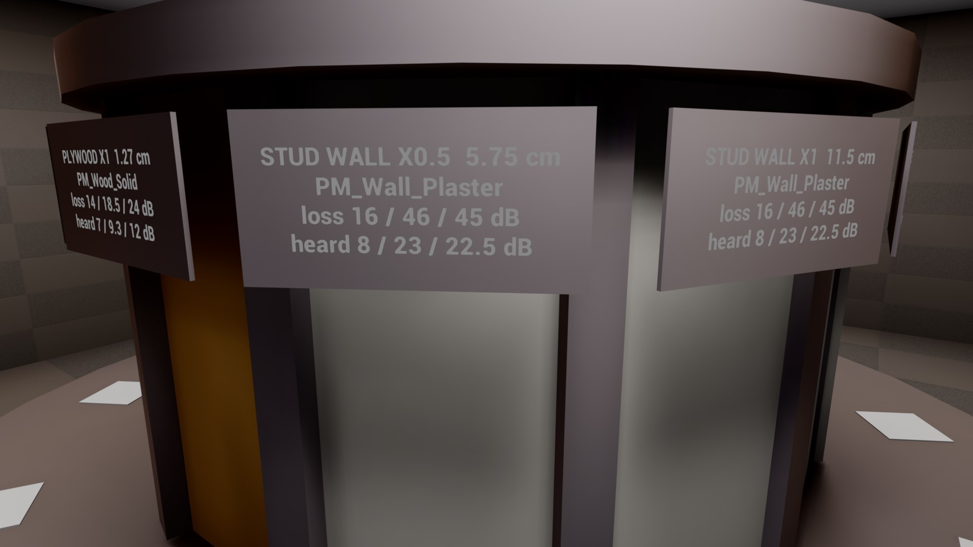 Two stud wall faces of the thickness booth. Their placards read STUD WALL X0.5 5.75 cm and STUD WALL X1 11.5 cm, both with loss 16 / 46 / 45 dB and heard 8 / 23 / 22.5 dB.