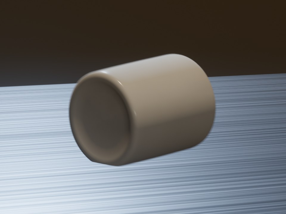 The mug on its side, toppling onto a brushed steel sheet