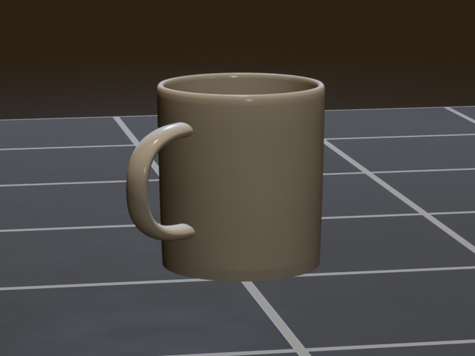 A ceramic mug standing on a grey tile pad after its drop