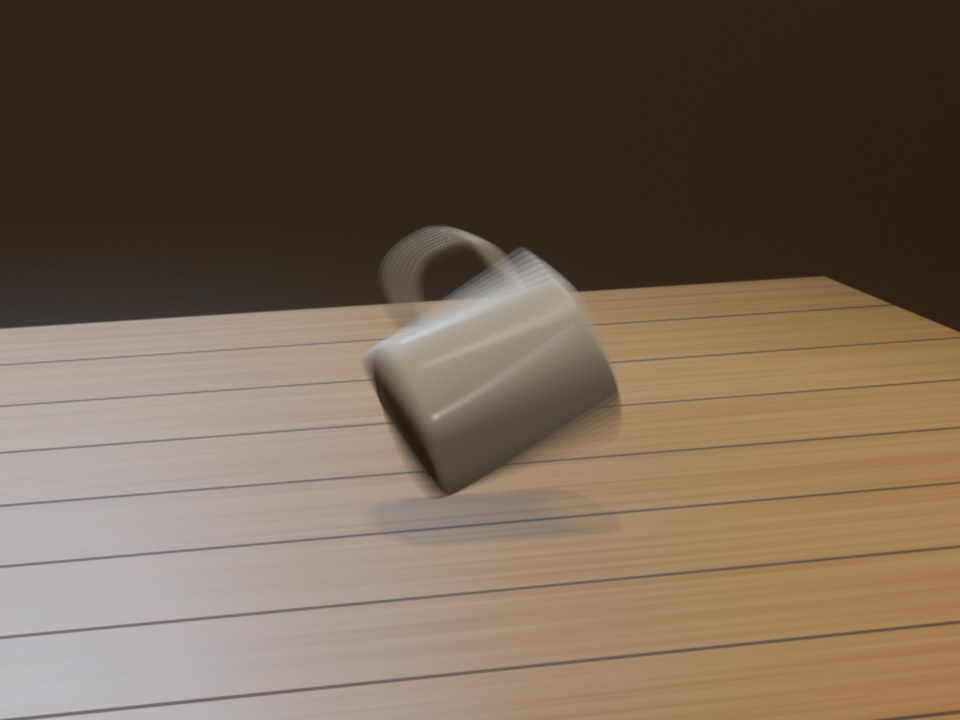 The mug tumbling onto a wood floor after a throw, its shadow just under it