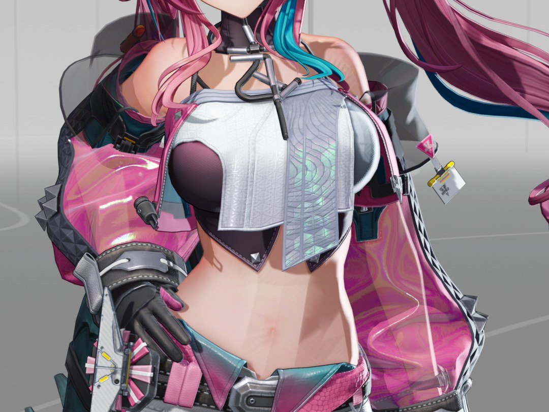 The pink-haired character from the waist up. Her translucent pink jacket has bright glossy streaks over the toon shading.