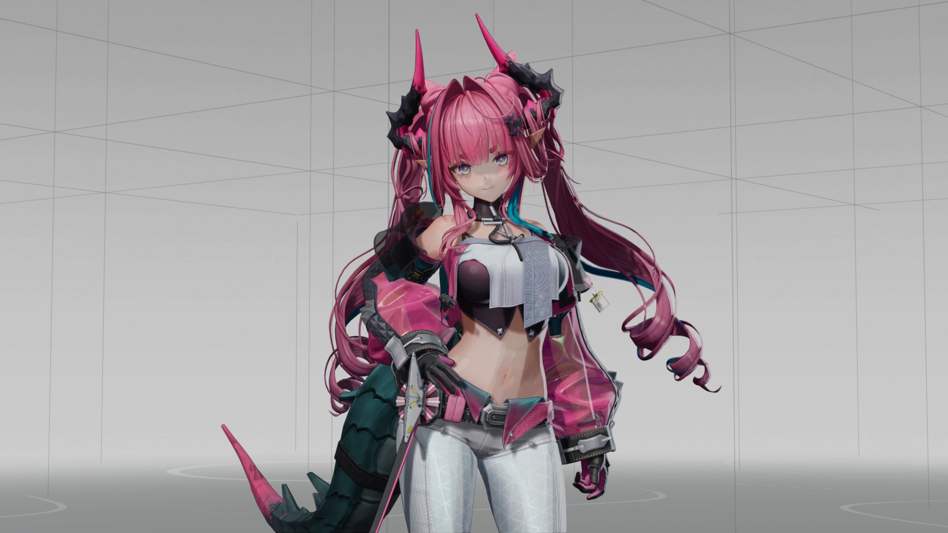 The same pink-haired character twice, in the same pose. On the stock side her bangs hide her eyes and dark patches cover her face. On my side her eyes show over the bangs, her face is evenly lit and her jacket reads as translucent pink. (My character path)