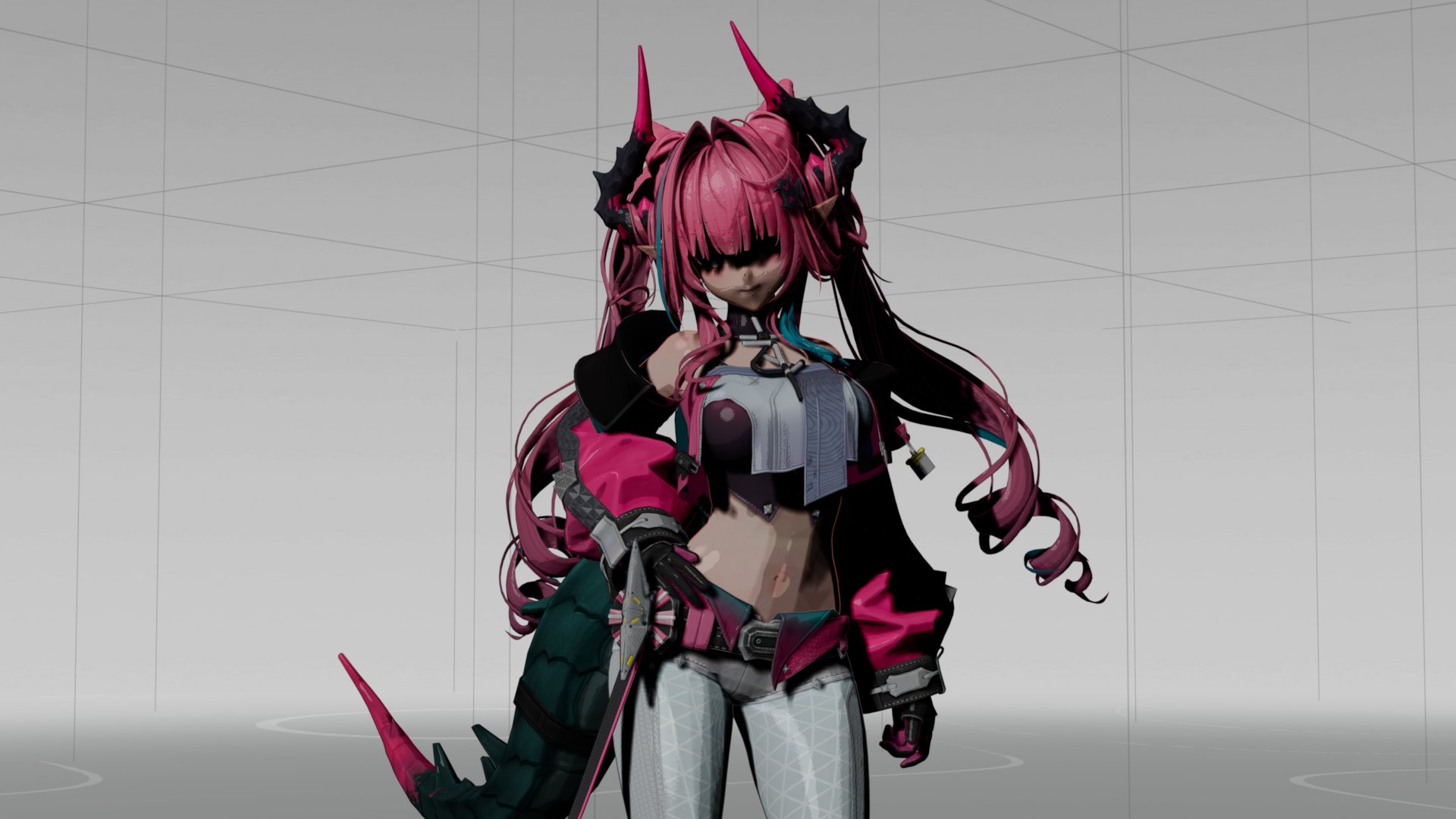 The same pink-haired character twice, in the same pose. On the stock side her bangs hide her eyes and dark patches cover her face. On my side her eyes show over the bangs, her face is evenly lit and her jacket reads as translucent pink. (Stock Substrate Toon)