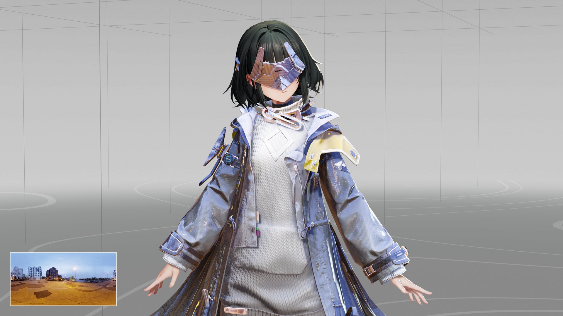 The masked character in a long glossy coat, arms held out from her sides. Under neuer_zollhof her coat and visor reflect a soft blue lavender. Under shanghai_bund the coat turns silver with gold streaks and the shoulder pad goes bright yellow. A small copy of each panorama sits in a bottom corner. (neuer_zollhof)