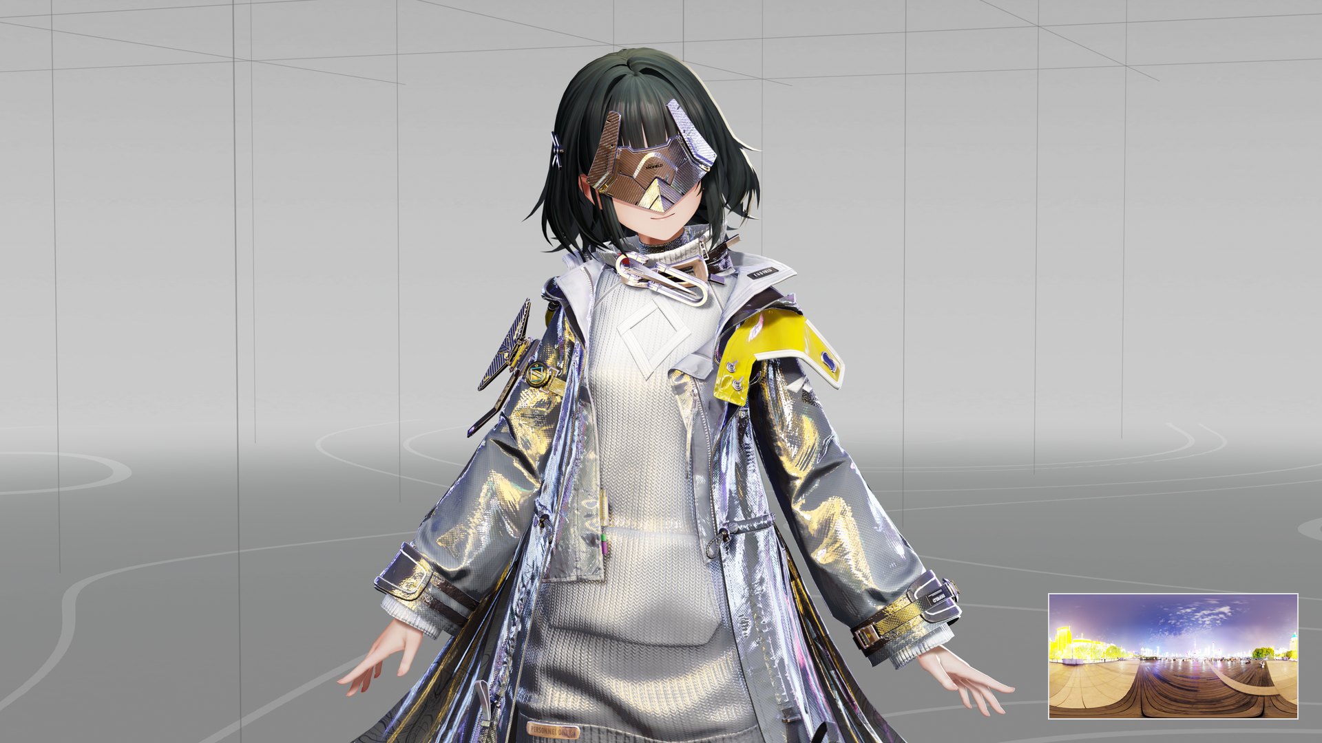 The masked character in a long glossy coat, arms held out from her sides. Under neuer_zollhof her coat and visor reflect a soft blue lavender. Under shanghai_bund the coat turns silver with gold streaks and the shoulder pad goes bright yellow. A small copy of each panorama sits in a bottom corner. (shanghai_bund)
