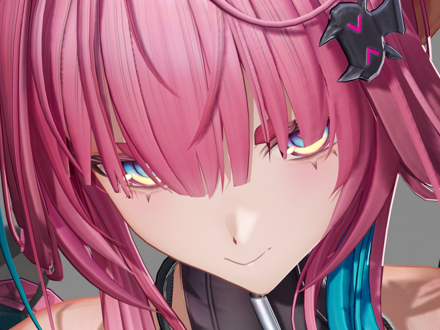Close-up of the pink-haired character's face from slightly above. With the depth test, strands of her bangs cut across both eyes and hide her brows. With the stencil test, her brows, lashes and eyes draw over the bangs. (Depth test)
