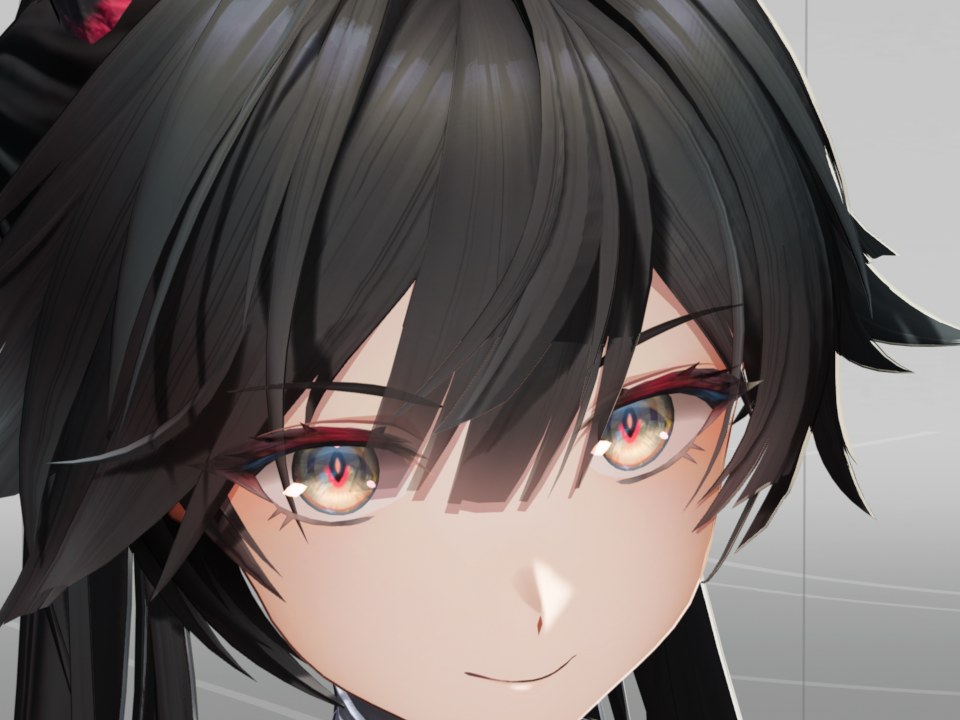 Extreme close-up of the black-haired character. Strands of her bangs cross her eyes, and the eyes, lashes and brows draw on top of them.