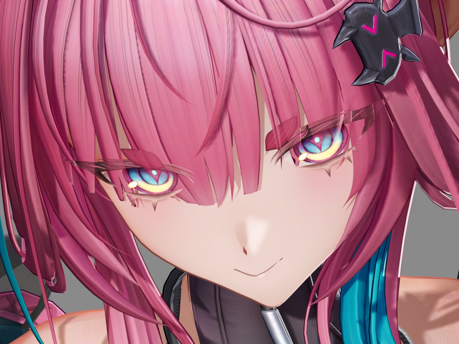 Close-up of the pink-haired character's face from slightly above. With the depth test, strands of her bangs cut across both eyes and hide her brows. With the stencil test, her brows, lashes and eyes draw over the bangs. (Stencil test)