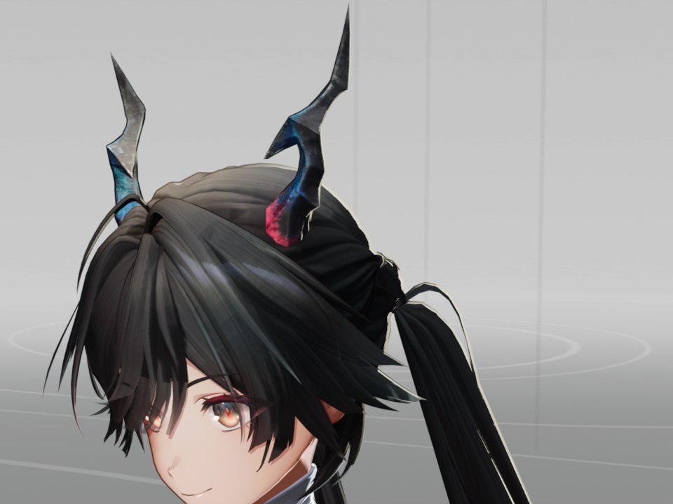 Close-up of a black-haired character with horns, turned three-quarters. Pale bands run across the strands of her bangs, and a thin pale line follows the top of her hair against the background.