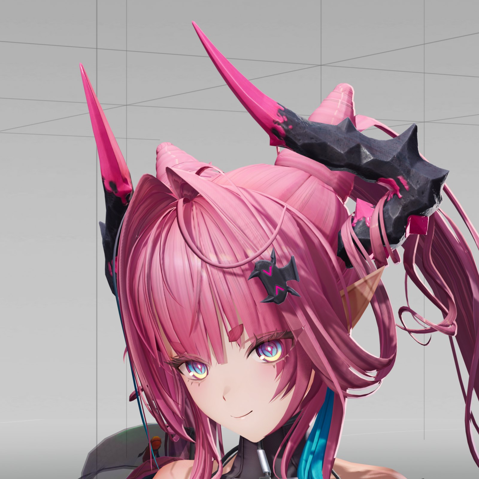 Close-up of the pink-haired character from her horn tips to her collar. With the hulls on, thin dark lines trace her horns, her hair strands, her hair clip and the line of her jaw. (Hulls off)