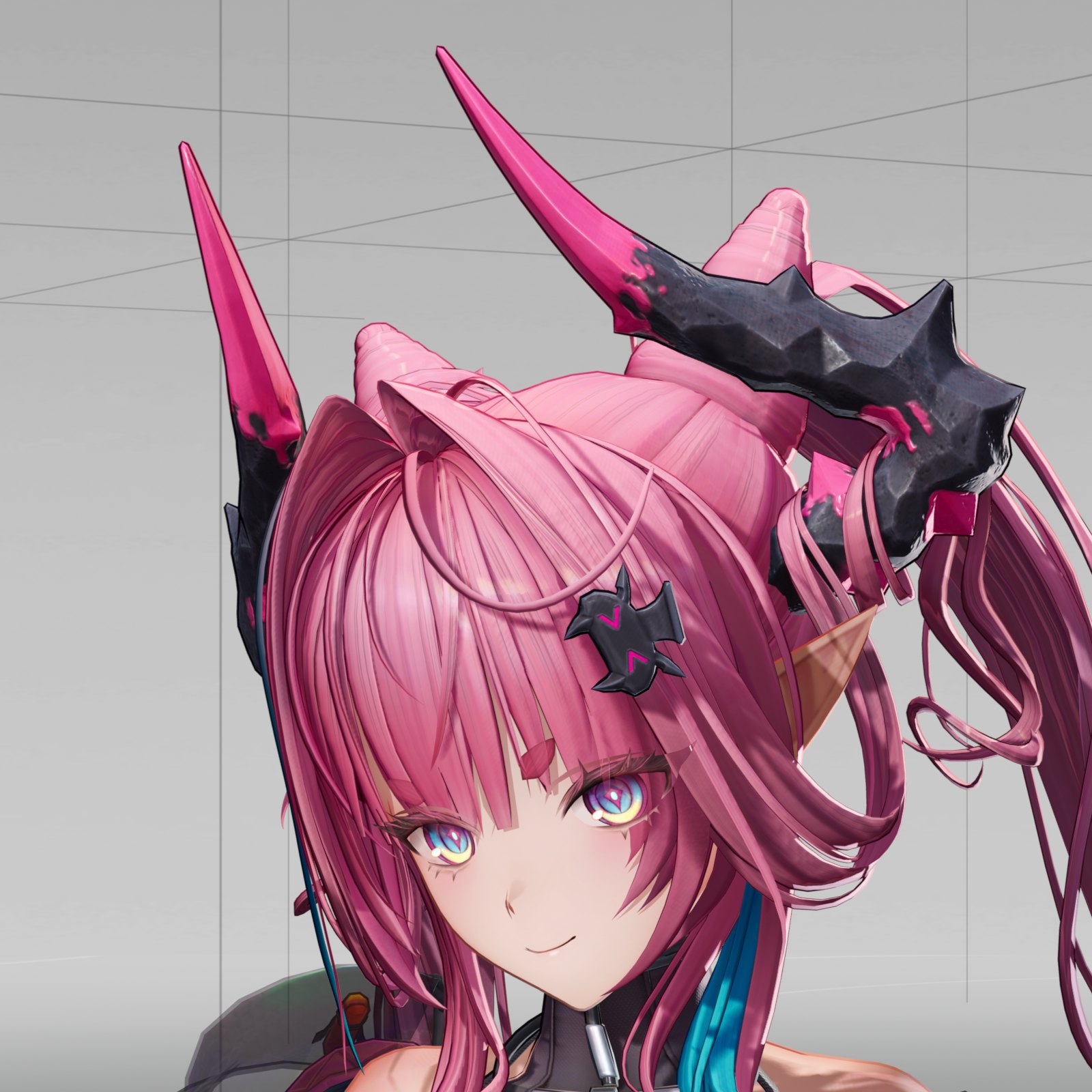 Close-up of the pink-haired character from her horn tips to her collar. With the hulls on, thin dark lines trace her horns, her hair strands, her hair clip and the line of her jaw. (Hulls on)