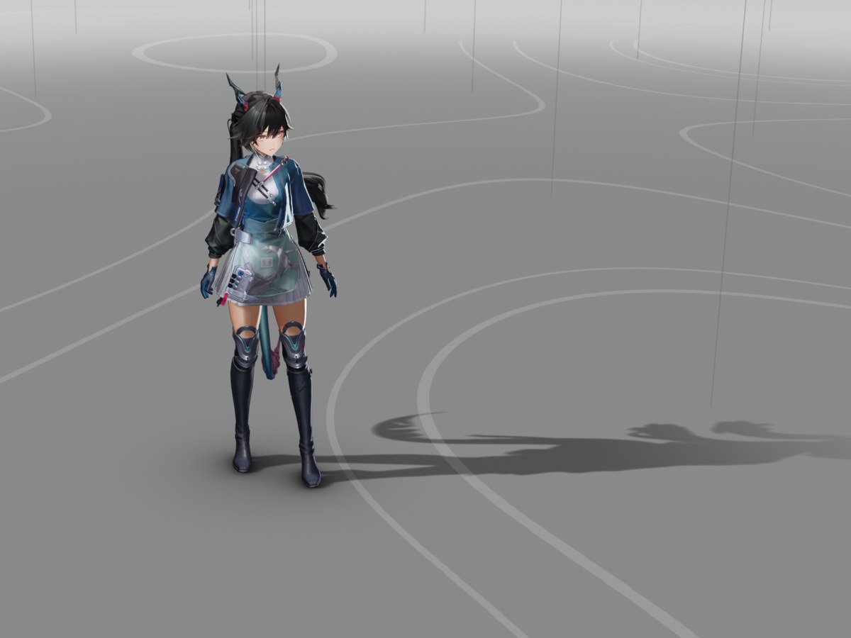 The black-haired character standing on a pale grey floor, with a long, sharp-edged shadow stretching to the right.