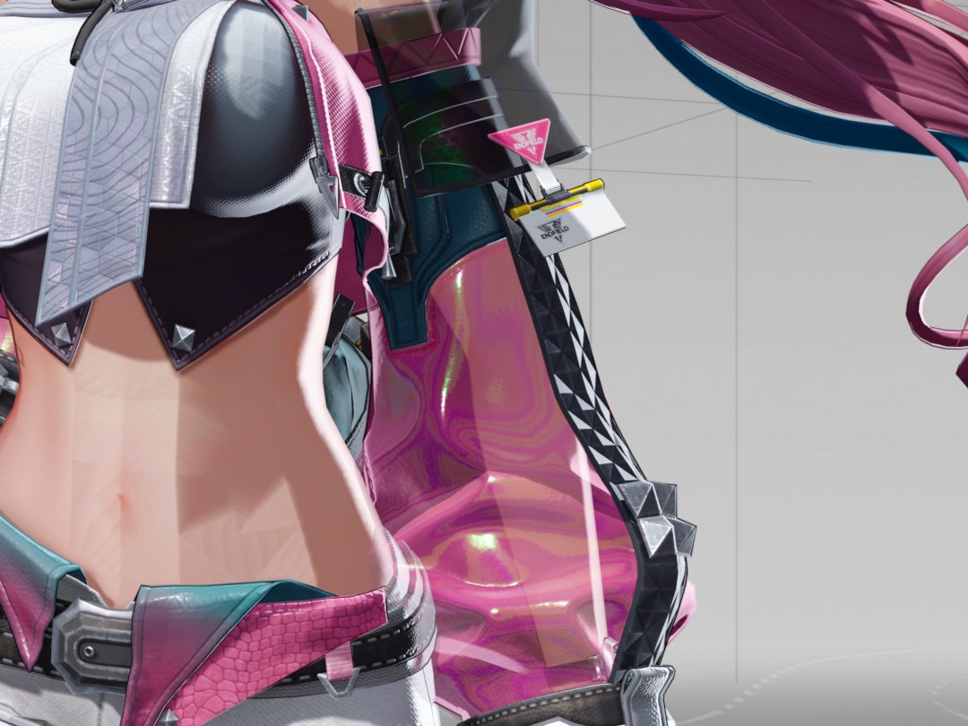 Close-up of a sheer pink sleeve beside her torso, with the arm visible through the fabric.