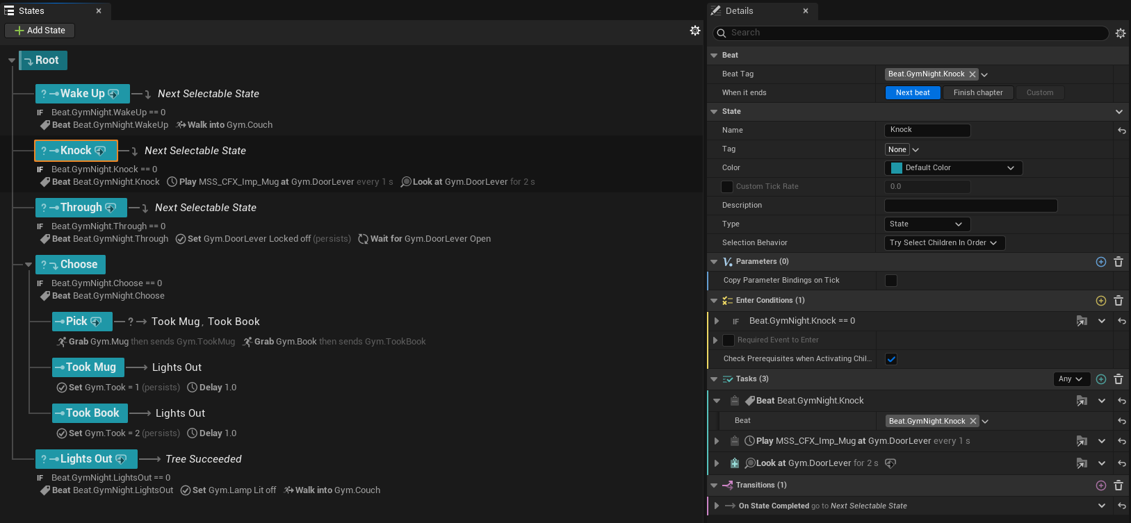 The stock StateTree editor with the gym chapter open. The tree view lists the beats in order. The details panel shows the Knock beat, with the Beat section on top, its skip condition, its Beat task and its Look gate.