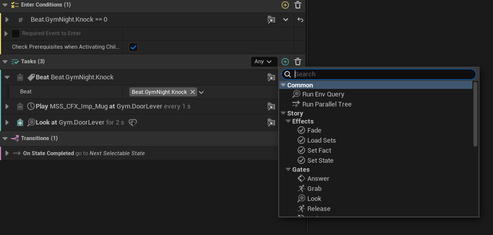 The StateTree node picker open on a story tree, with a Story category beside the stock categories.
